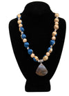 Pendant- Necklace,Blue Gold and Sterling Silver Beads with a Polished stone agate.
